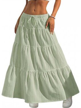 Women's Boho Flowy Light Green Maxi Skirt Flared Ruffle A Line Spring Long Skirt
